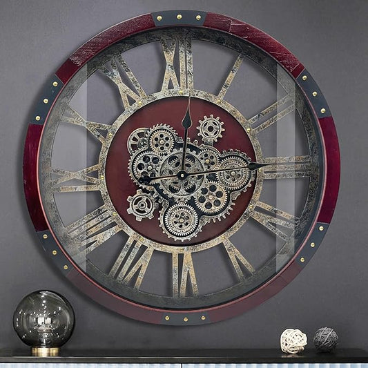 DORBOKER 27" Original Moving Gears Wall Clock, Large Industrial Wall Clock for Living Room Decor, Retro Metal Solid Wood Vintage Farmhouse Steampunk Rustic Clocks for Wall Decor,Cherry Red