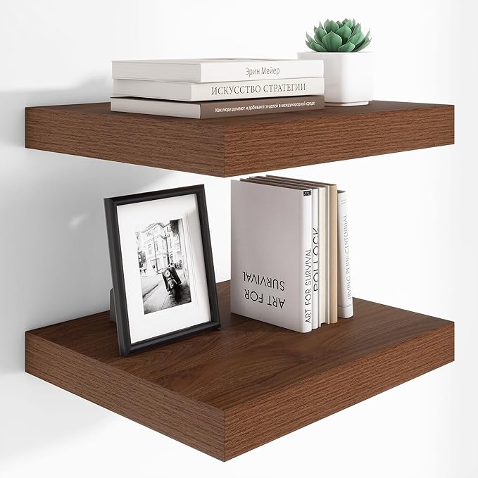 Heimlove 12 Inch Deep Floating Shelves, 16 x 12 inches Long Wall Shelf, Large Extra Display Shelf & Storage Shelf, Rustic Wood Wall Shelves for Fireplace Mantel, Walnut - 2Pack