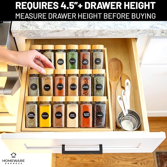 Extra Sturdy 3-Tier Bamboo Spice Rack – 12" W x 10" D x 13" H – Foldable Non-Slip Wooden Spice Organizer for Countertop, Cabinet & Drawer – Includes Labels, Funnel & Hooks – Spice Jars NOT Included