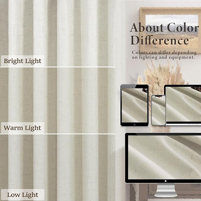 Flax Linen Blackout Living Room Curtain 84 Inch Long 2 Panel Tan Beige Black Out Burlap Farmhouse Insulated Thermal Curtain for Summer Heat Nursery Room Darkening Drapes Bedroom Back Tab 52x84 Length