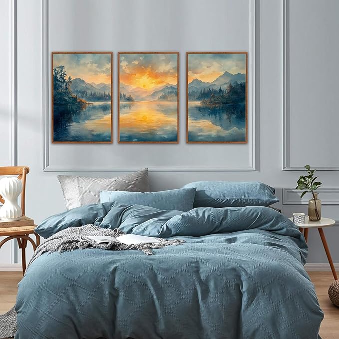 KAlRNE Sunset Mountain Canvas Wall Art,Abstract Scenery Wall Painting,Blue Landscape Lake Pictures,Watercolor Mountains Forests Art Prints For Living Room Bedroom Office Decoration - Framed 16X24 Inch