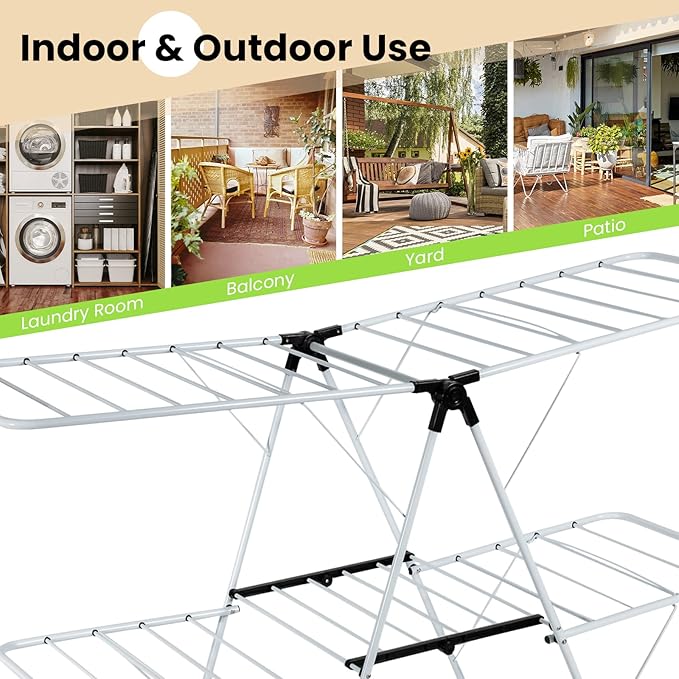 COSTWAY Clothes Drying Rack, Foldable 2-Level Laundry Drying Rack w/Height-Adjustable Wings, 33 Drying Rails & Sock Clips, Standing Large Drying Rack for Clothing, Indoor Outdoor Use