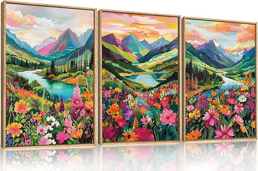 Celestdeco Wildflower Blossom Framed Canvas Wall Art Set, Colorful Flowers Painting, Abstract Landscape Wall Decor, Natural Ridge Floral Art Print for Living Room, Dining Room, Office - 24"x36"x3