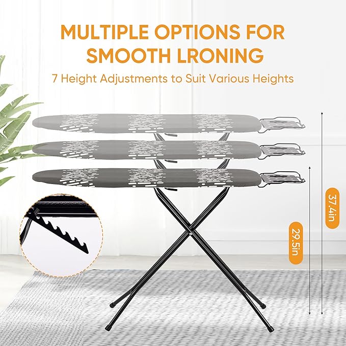 Deluxe Ironing Board with Heat Resistant Cover and Thicken Felt Pad, Safety Iron Rest, 4 Premium Steel Legs, Height Adjustable,Foldable