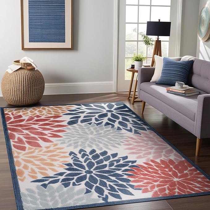 Beverly Rug Outdoor Rug 8x10 Modern Floral Tropical Area Rugs for Indoor and Outdoor Patio Easy to Clean Non Shedding Living Room Porch Garden Washable Outside Carpet (8 x 10 Multicolor)
