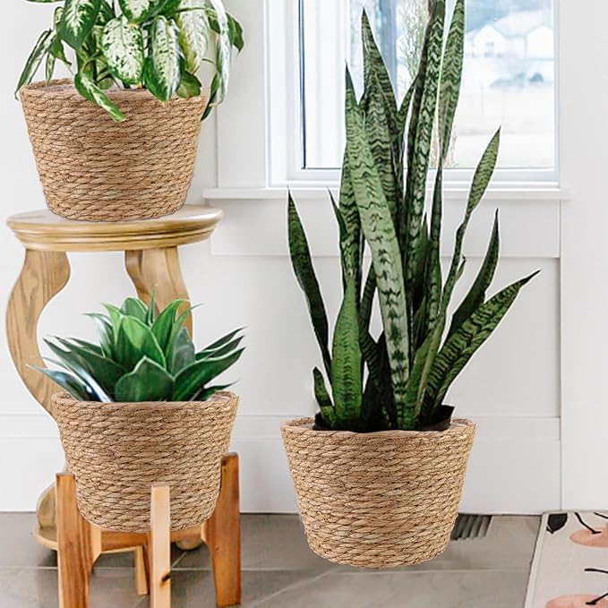 4 Pcs Large Premium Seagrass Planter Basket with Plastic Lining Natural Stylish Planter Baskets Indoor Outdoor Plants Woven Wicker Baskets for Plants Flower Pots Cover and Room Decor(10.2x7.5x7.5")