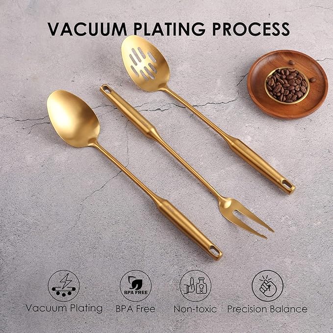 Gold Kitchen Utensils Set - 18/10 Stainless Steel Cooking Tools, 15" All Metal Serving Utensils with Fork, Solid/Slotted Spoon, Spatula, Ladle, Skimmer, Tunner, Pasta Spoon, Large Spoon, Set of 9