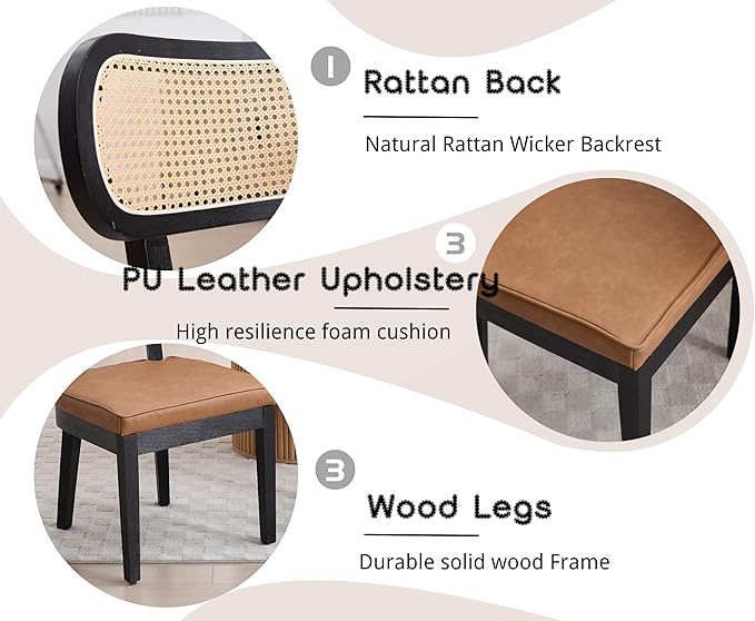 EALSON Mid Century Modern Rattan Dining Chairs Set of 4 Farmhouse Black Wood Kitchen Chairs with Cane Back Leather Upholstered Accent Armless Chairs for Dining/Living Room Restaurant, Brown