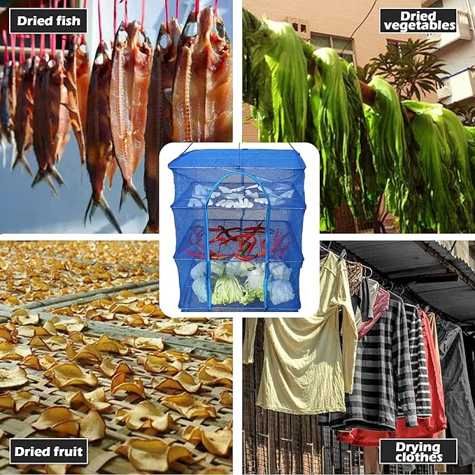 Drying Rack 6 Layers Folding Fish Mesh, Foldable Nylon Netting, Hanging Drying Fish Net, for Shrimp Fish Fruit Vegetables Herb, with Zipper Opening-Blue (37.4X19.6X19.6 in)…