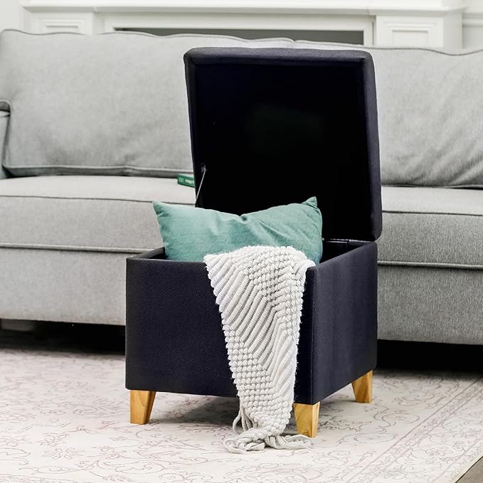 Adeco Fabric Storage Ottoman Bench with Solid Wood Legs, 17.7" Square Dark Grey Cotton Linen Cube Foot Stool, Upholstered Button Tufted Vanity Chair with Hinged Lid for Living Room, Bedroom, Dorm