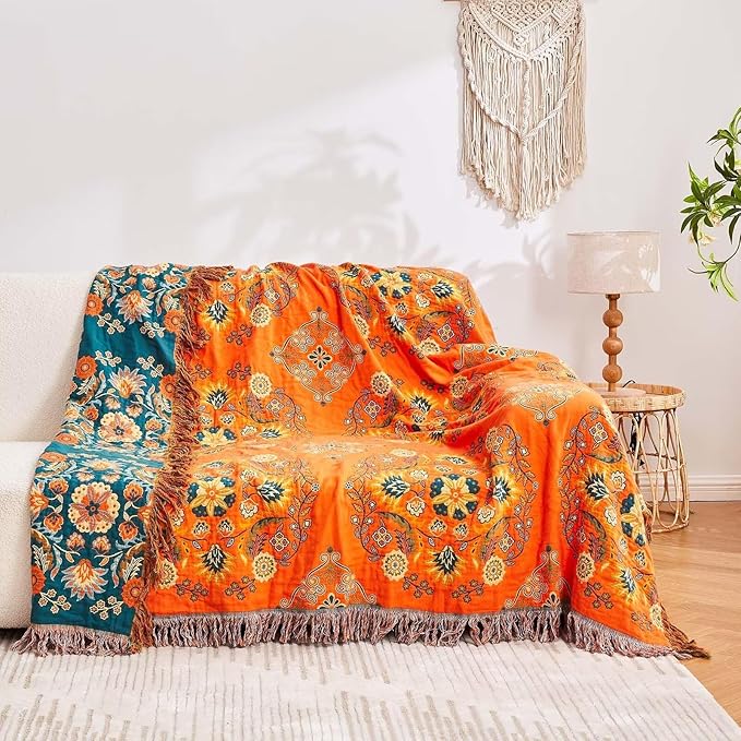 Boho Throw Blanket, 100% Cotton Ultra Soft Luxury Throw Rustic Quilt, 90"x98" Floral Printed Farmhouse Decor Bed Summer Blankets, All Season Rustic Reversible Bohemian Throw for Bed - Orange