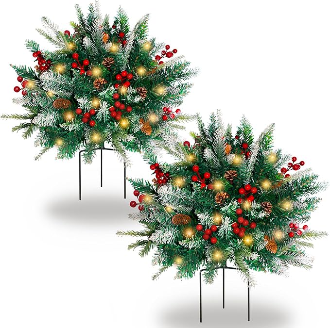 2 Pack Lighted Artificial Christmas Urn Filler, Battery Operated Pre-lit Xmas Pine Trees, Tripod Stake and 60 LED Lights, Holiday Porch Decorations for Porch, Yard, Garden, Flower Beds（Warm White）