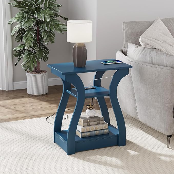 End Tables Living Room Set of 2,End Table with Charging Station and USB,Navy Blue Side Table, Nightstand for Bedroom,3 Tier End Table with Storage Shelf for Living Room Navy Blue