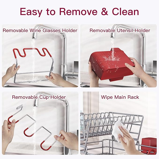 BOOSINY 2 Tier Red Large Stainless Steel Dish Drainers Drying Rack for Kitchen Counter with Drainboard, Rust Proof Metal, Space Saving, Modern Aesthetic, Compact Plates Strainers with Extra Mat