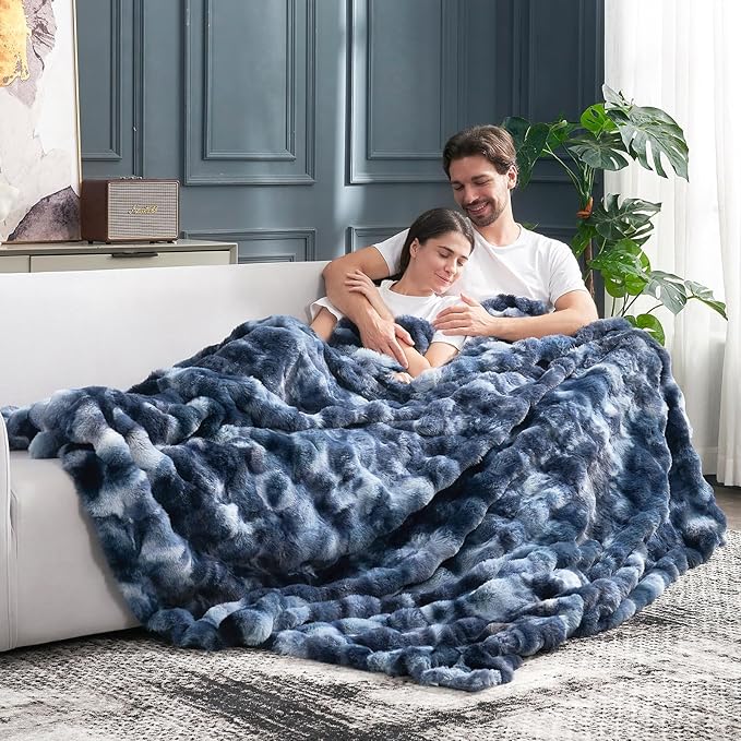 Cozy Bliss Faux Fur Throw Blanket for Couch, Fuzzy Soft Plush Thick Bubble Blanket for Sofa Bedroom Living Room, 108 * 90 Inches Tie Dye Blue