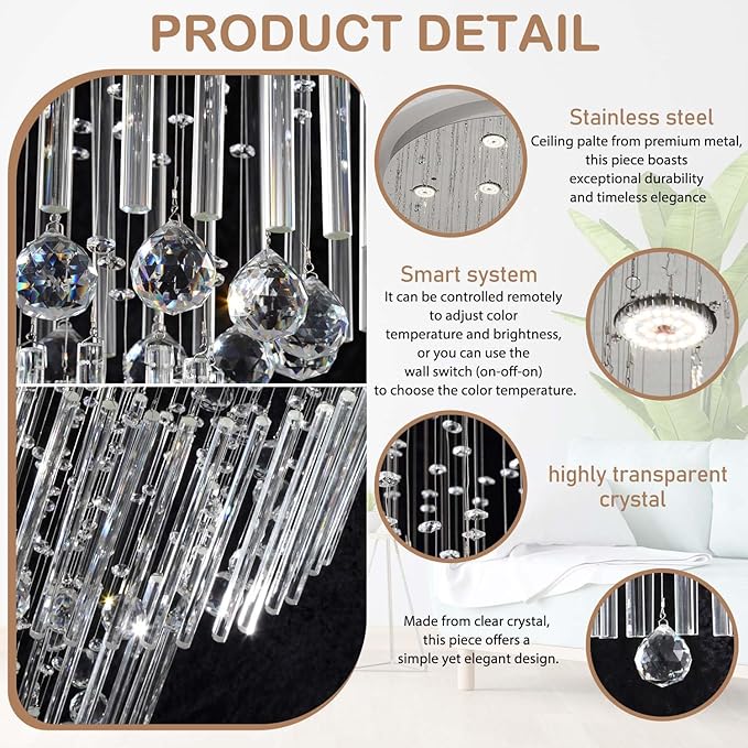 D24''XH86'' Large Chandeliers Modern Pendant Chandelier Lighting Raindrop Crystal Chandelier Flush Mount Ceiling Light for Entryway Staircase Hotel Lobby