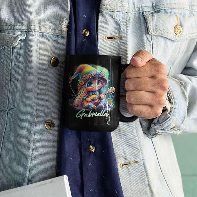 Customized Adorable Gnome With Guitar Mug 11oz 15oz, Personalized Name Coffee Cup, Gnome And Northern Lights Mug, Custom Whimsical Music Ceramic Cup, Gnome Black Mug Gift For Kids