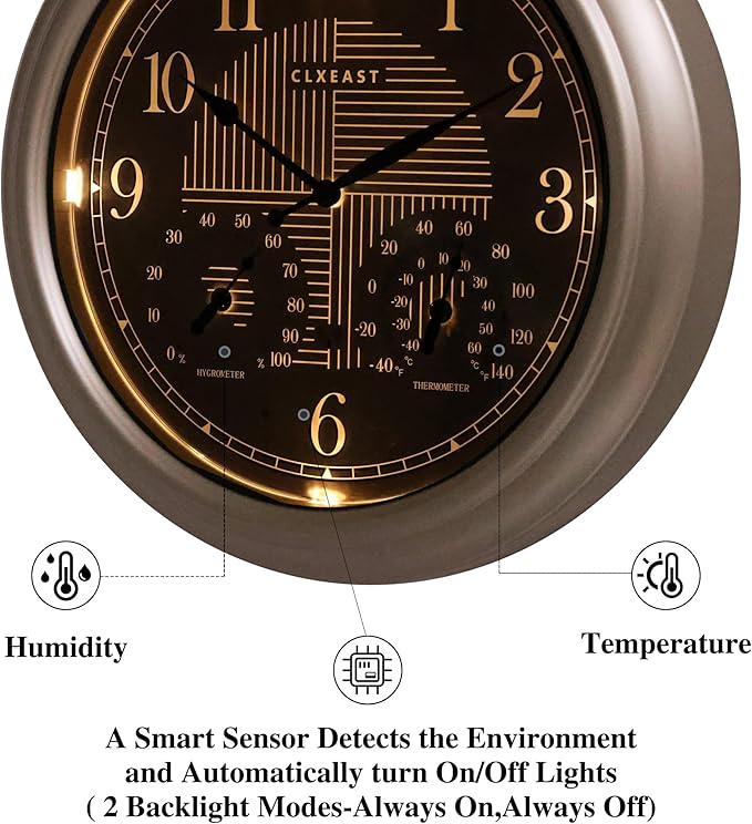 CLXEAST 18 Inch Illuminated Outdoor Indoor Atomic Analog Wall Clock with Temperature & Humidity Combo, Lighted Outdoor Clocks for Patio Large Waterproof with Thermometer, Modern Morning Silver/Gold
