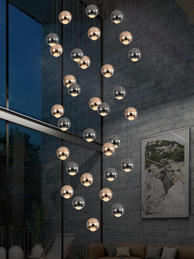 Farmhouse Crystal Chandelier, Luxury Hanging Lights High Ceiling Pendant Lighting for Foyer Staircase 32 Lights Black and Gold Dimmable 2700k-6000k