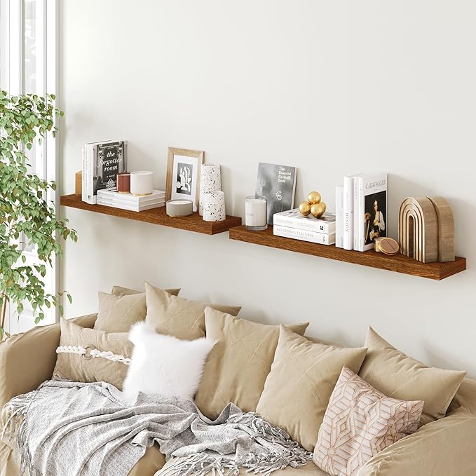 BAMEOS Floating Shelves, American Oak Wall Mounted Wooden Shelves with Invisible Brackets Set of 2, Hanging Wall Shelves Decoration for Bedroom, Bathroom, Living Room and Kitchen