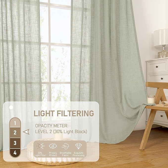 LAMIT Sage Grey Sheer Linen Curtains 54 Inch Length for Bedroom, Bronze Grommet Light Filtering Panels Neutral Drapes for Living Room/Window, 2 Panels Set, 52 x 54 Inch