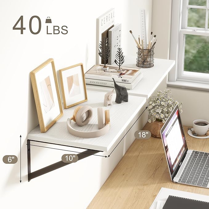 Fun Memories White Floating Shelves 18 Inch Long, Rustic Floating Shelf with Brackets, 10 Inch Deep Wall Shelves, White Bathroom Shelves, 18 x 10 Storage Shelf for Kitchen, Living Room, Set of 2