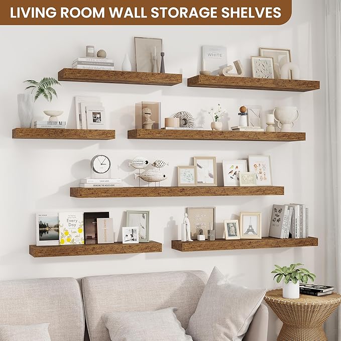 fuqing Floating Shelves for Wall, Bathroom Shelf Wall Mounted for Storage, Shelves with Invisible Bracket for Bedroom, Kitchen, Living Room, Farmhouse Small Book Shelf, 24 Inch Set of 2, Rustic Brown