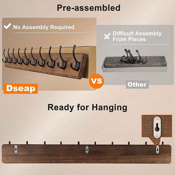 Dseap Coat Rack Wall: 38-1/4" Long, Patented, Heavy-Duty, 10-Double-Hooks Wooden Wall Mounted Coat Rack Coat Hanger Hook Rail for Winter Coats Hat Jacket Clothing, Weathered Brown
