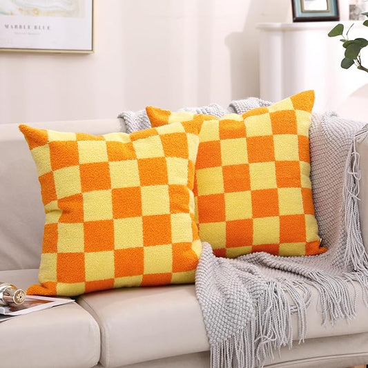 Alysheer Checkered Embroidered Decorative Throw Pillow Covers 18"x 18" Set of 2, Farmhouse Boho Orange Yellow Plaid Tufted Patterned Cotton Canvas Cushion Case for Sofa Couch Bed Living Room Outdoor