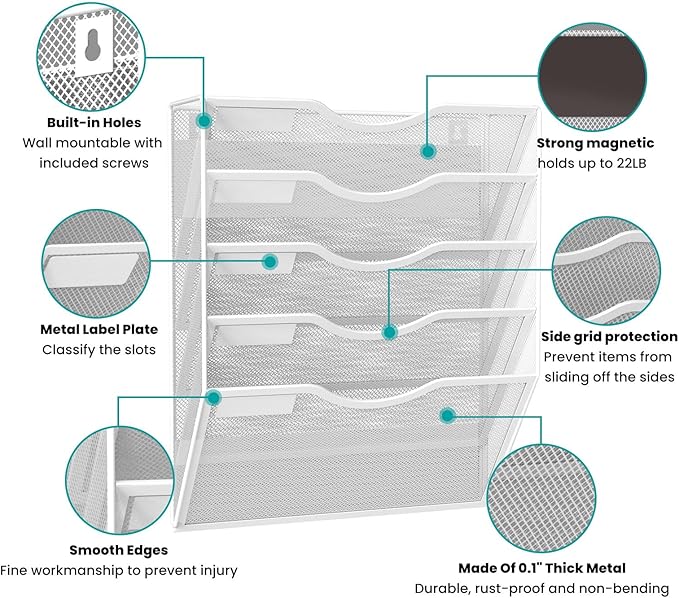 5-Tier Magnetic File Organizer, No Drilling Installation, White Magnetic Paper Holder, Magazine Rack for Refrigerator and File Cabinets