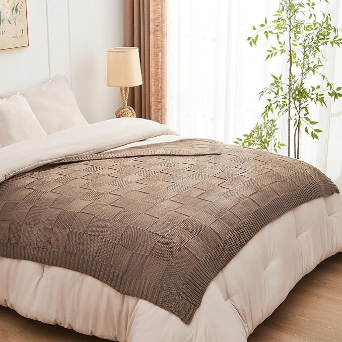 CozeCube Check Knit Throw Blanket, Light Brown Checkered Throw for Couch, Decorative Christmas Soft Cozy Warm Knitted Blanket for Bed Sofa Living Room, 50"X60"