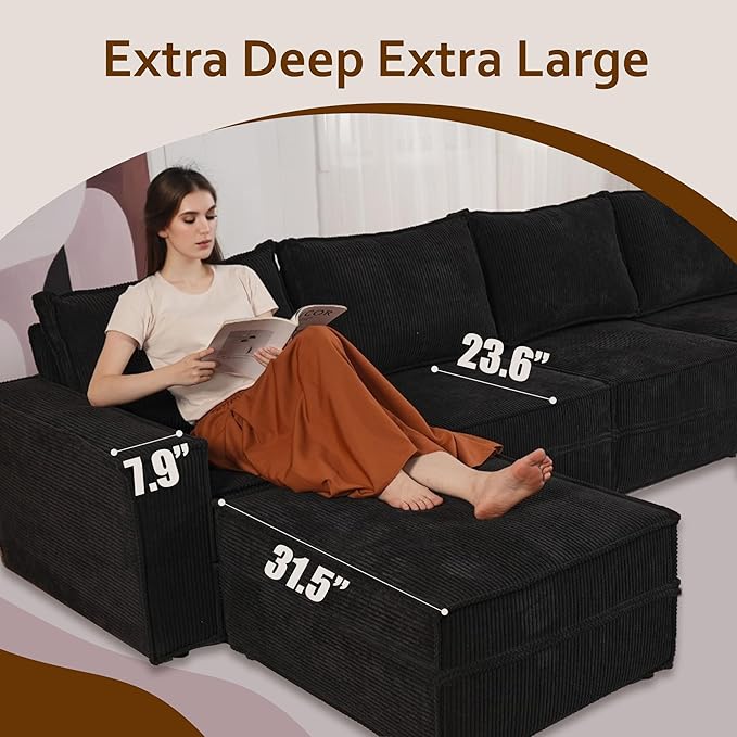 HOOOWOOO Modular Sectional Sofa Couch,Matching Free Combination Cloud Couch Corner Chair(Black Corduroy)