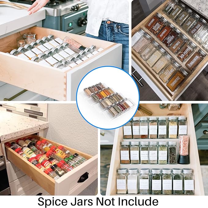 Antimbee Spice Drawer Organizer, 4 Tier- 4 Pack Acrylic Spice Rack Tray for Drawer, Expandable From 13" to 26" Kitchen Spice Rack Tray for Countertop Holds up 28 Spice Jars (Jars not Include)