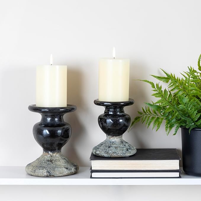Creative Co-Op 2-Tone Sculptural Terracotta Pillar Candle Holder, Distressed Black