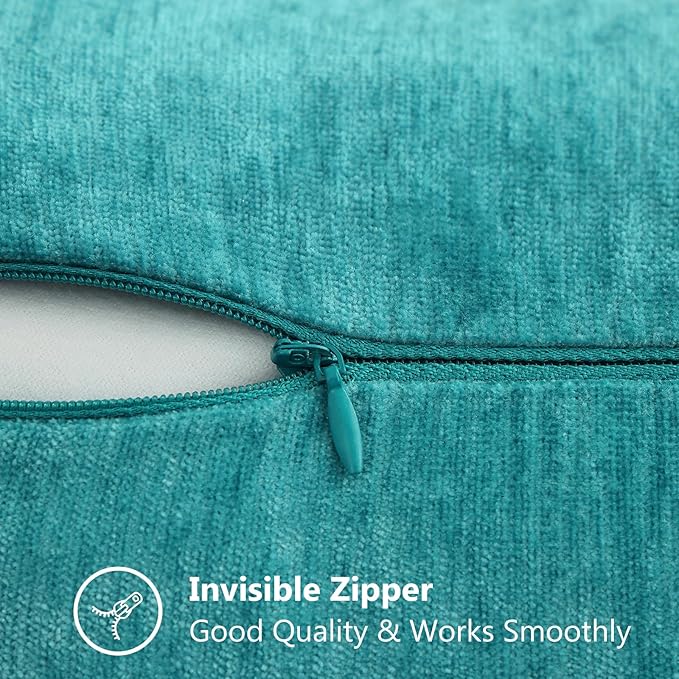 decorUhome Chenille Soft Throw Pillow Covers 12x20 Set of 2, Lumbar Velvet Farmhouse Neutral Decorative Euro Pillow Covers with Stitched Edge for Couch Sofa Bed Home Decor, Turquoise