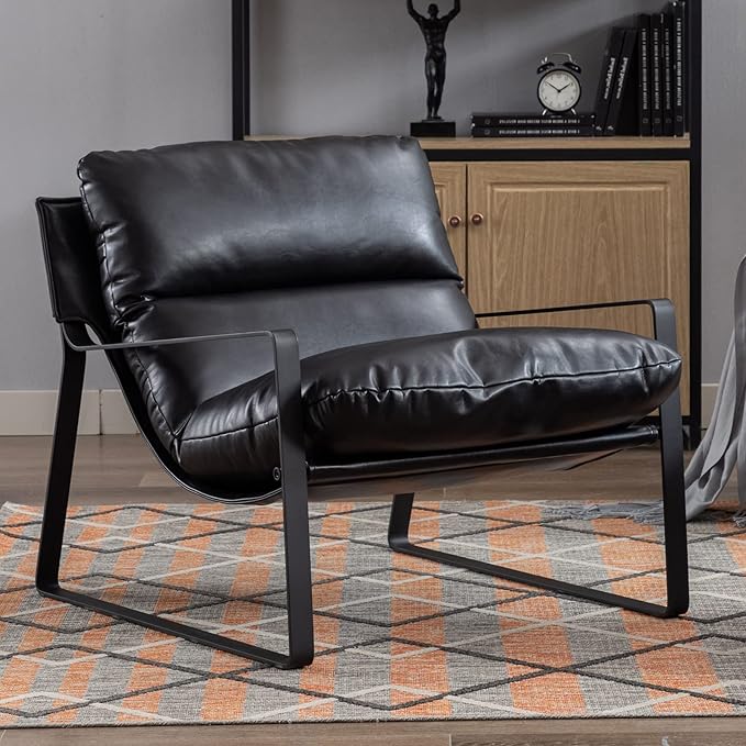 DUOMAY Mid-Century Accent Chair Armchair, Comfy PU Leather Leisure Chair Lazy Chair with Metal Leg for Living Room Bedroom Office Apartment, Black