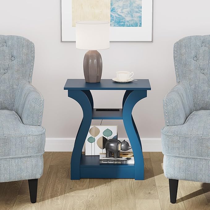 End Tables Living Room, End Table end Table with Charging Station and USB,Navy Blue Side Table, Nightstand for Bedroom,3 Tier End Table with Storage Shelf for Living Room
