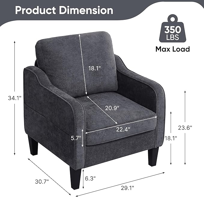 Accent Chair for Living Room, Mid Century Modern Reading Chair for Bedroom, Upholstered Armchair with Side Pockets, Comfy Single Sofa Side Chair for Office, Apartment, Small Room, Dark Grey