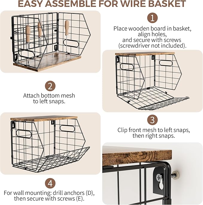 Delamu 3 Pack Stackable Metal Fruit Basket with Wood Lid-Wall Mounted&Countertop Organizer for Kitchen,Pantry- Ventilated Storage for Onions,Potatoes,Fruits,Spices,Black