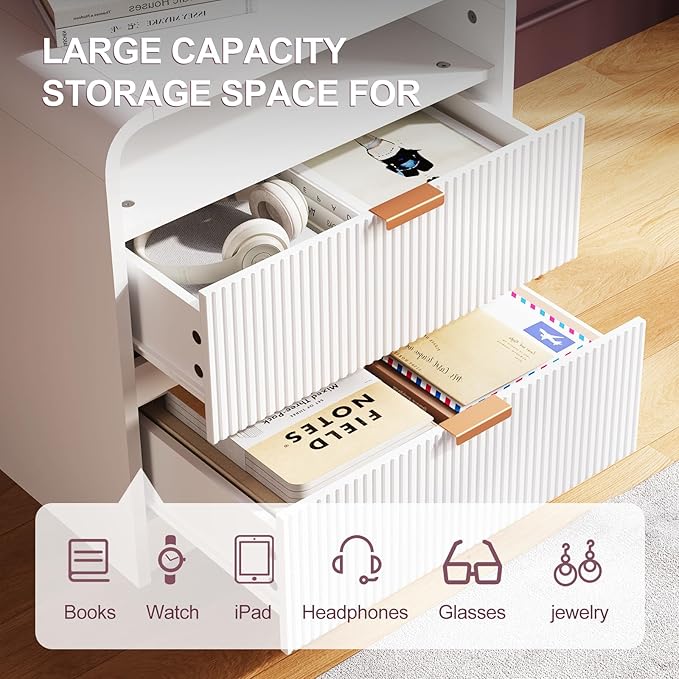 FURSUN 24" Fluted Nightstand with Charging Station, Wooden End Table with 2 Drawers Storage, Curved Profile Design, Modern Bedside Cabinet for Bedroom Living Room, White