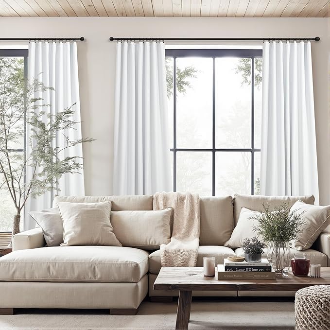 White Linen Blackout Curtains 95 Inches Long 2 Panel Set Cute Burg Nosie Reducing Insulated Drape Fabric Thick Boho Curtains for Bedroom Heat Reflective Viral Curtain Back Tab Pocket Pleated 95 Length