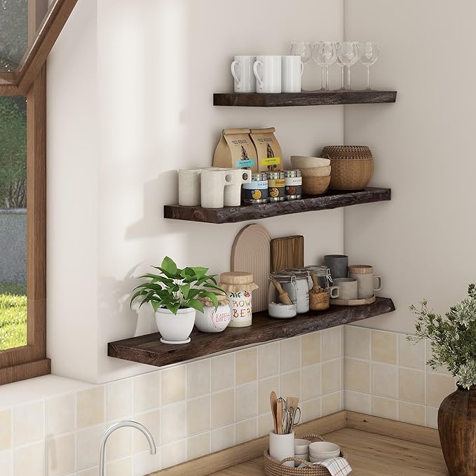 Axeman 32 inch Floating Shelves for Wall - 8'' D Live Edge Rustic Solid Elm Wood Floating Shelves Wall Mounted, Wall Shelves with Invisible Bracket for Living Room Bedroom Kitchen, Set of 2 Walnut