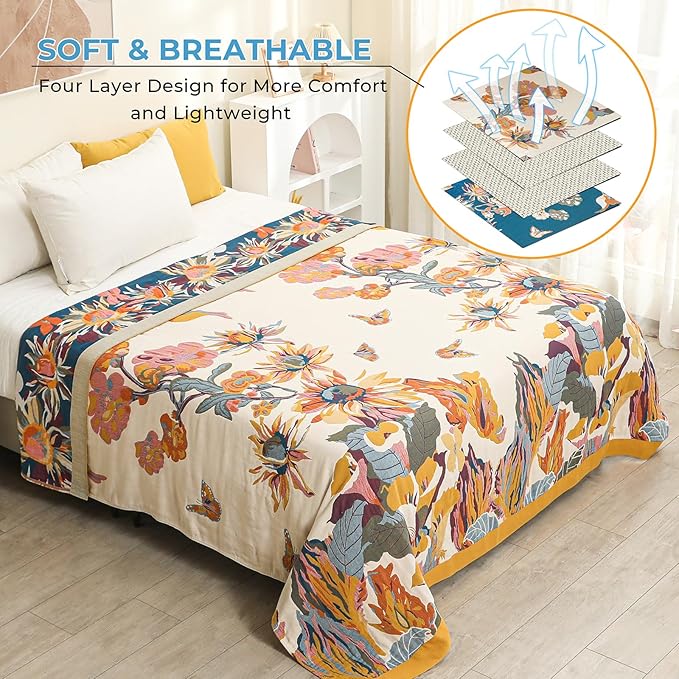 Boho Throw Blanket for Bed,100% Cotton Breathable Muslin Soft Throw, Fall Bed Throw Blanket Floral Bird Butterfly Printed Decor Large Blankets,80"×90" Rustic Farmhouse Throw for Sofa Couch Chair