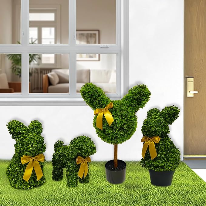 2 Pcs Artificial Bunny Shaped Topiary Trees, Artificial Green Boxwood Bunny Decorations with Gold Bow, Perfect for Indoor & Outdoor Front Porch, Easter& Garden Decor (Bunny Tree Without Base)