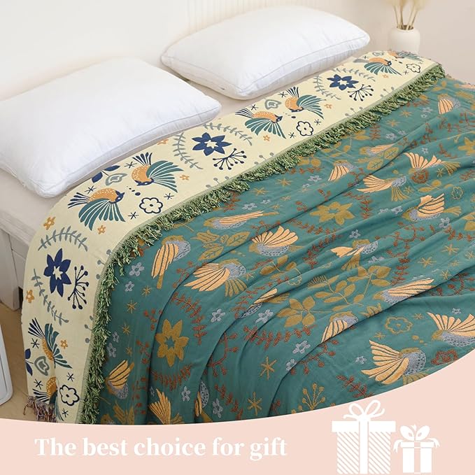 Boho Throw Blanket for Bed, 100% Pure Cotton Ultra Soft Rustic Quilt, Farmhouse Decor Bed Blankets, All Season Rustic Throw for Sofa Couch Chair(80''x 90'', Bird A)