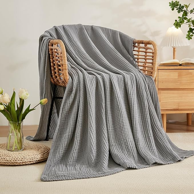 EMME Cotton Blanket Twin XL for Bed Soft Muslin Blankets 66"x90" Lightweight Breathable Layering Bedspread Coverlet All Season Gauze, Grey