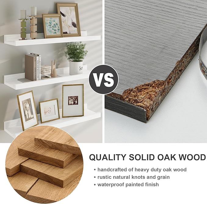 Floating Picture Ledge Shelves 24 Inch Solid Oak Wood Set of 2, Rustic Wall Storage Shelves with Lip, Kids Bookshelf, Photo & Picture Ledge Shelves for Bedroom, Living Room, Kitchen