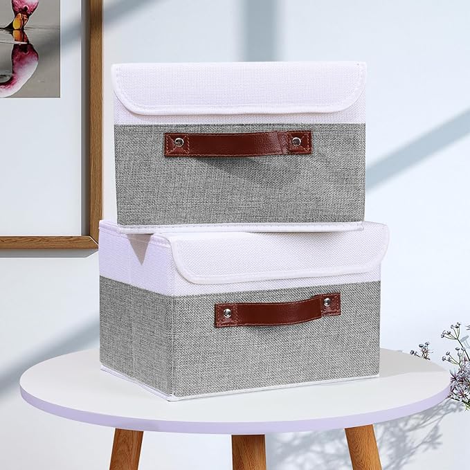 ANMINY 4PCS Storage Boxes with Lid Washable Decorative Storage Bins Basket with PU Leather Handle Foldable Linen Fabric Storage Cubes Containers for Home Closet Organizer - Gray White, Small Size