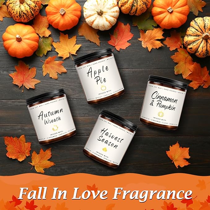 Auelife Fall Candle Set | 4 Pack Scented Candles for Home - Candle Gifts for Women Men, Soy Candles Home Scented | Autumn Fragrance of - Apple Pie/Cinnamon/Harvest/Wreath