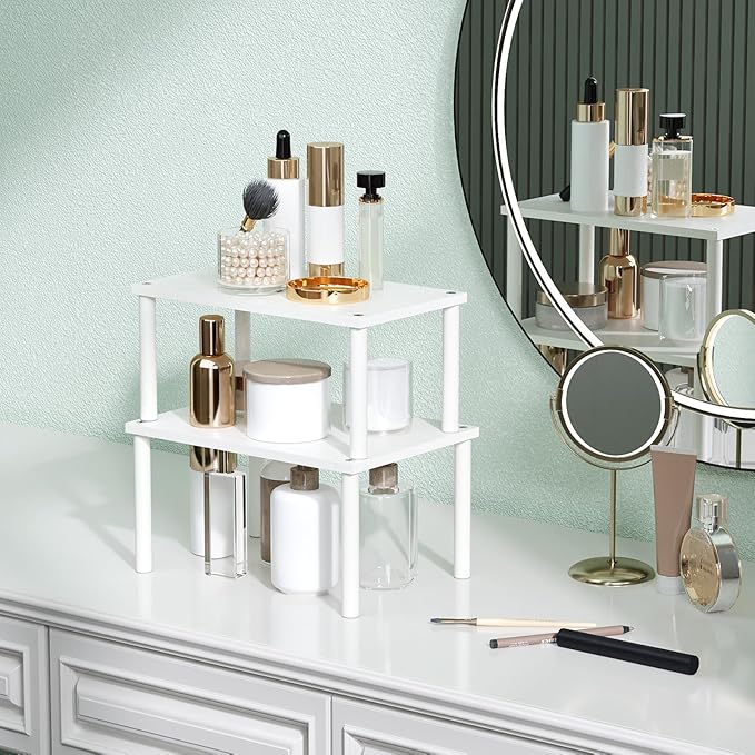 Cabinet Organizer Shelf(Set of 2),Kitchen Counter Shelves,Bamboo Spice Rack Countertop and Cabinet,Stackable Expandable,Medium,(White)